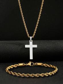 2 件套不锈钢扭曲金银色项链和手链套装，时尚男女通用礼物，适合父亲节、圣诞节、新年派对和日常佩戴