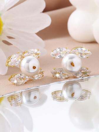1 Pair Gold-Color X-Shape Design Zirconia Encrusted Copper Stud Earrings, Suitable For Banquet Wear