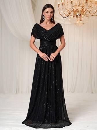 YISIKADO Women's Shiny Elegant Double V-Neck Ruched Evening Dress For Party, Formal, Gown, For Wedding Guest