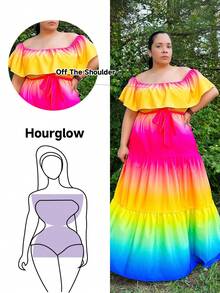 Hourglow Cardis.Ego Plus Ombre Off Shoulder Ruffle Hem Belted Dress Maxi Women Outfit, For Hourglass Body Shape - Multicolor - View 1