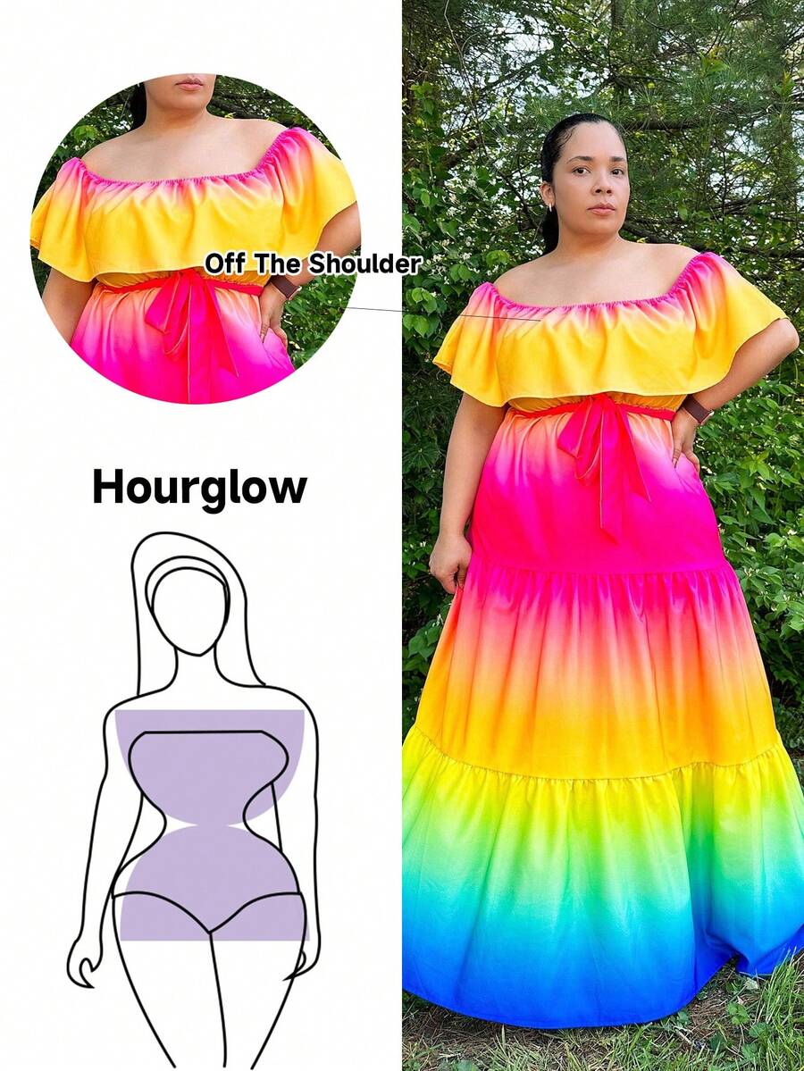 Hourglow Cardis.Ego Plus Ombre Off Shoulder Ruffle Hem Belted Dress Maxi Women Outfit, For Hourglass Body Shape - Multicolor - View 1