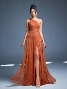 Vestido de dama de honor nueva llegada Mgiacy, con cuello cruzado, brillante, plisado solar, manga farol hueca, de gasa, corte evasé