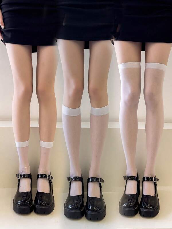 1 Pair/3 Pairs Women's Super Thin Semi-Transparent Solid Color Compression Mid-Calf Socks, Slim Leg, 3 Lengths, Versatile, Soft, Korean Style, Fresh Young Look Ins Style, Summer Daily Wear, Long Tube Socks