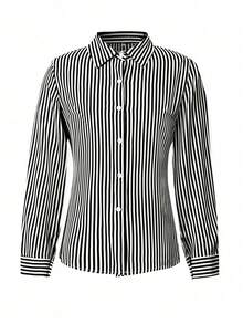 Vaiaye Striped Roll Up Sleeve Shirt Dress Button Front Long Sleeve Casual Dresses With Pockets - Black - View 3