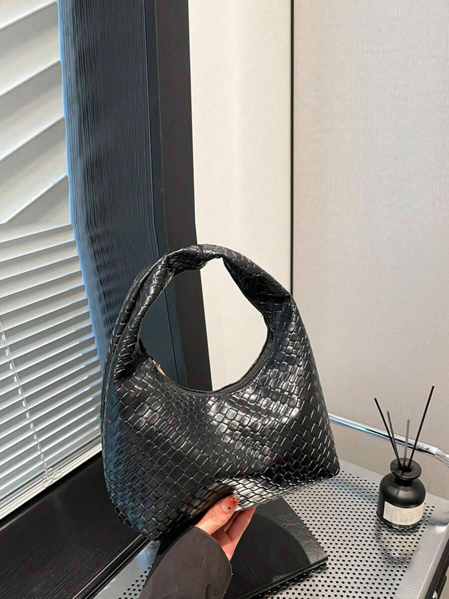真皮腋下法棍包，适合外出、约会和通勤。时尚不对称方形手提包，PU编织纹理托特包，酒红色，日常工作包，顶部提手钱包（图案随机）