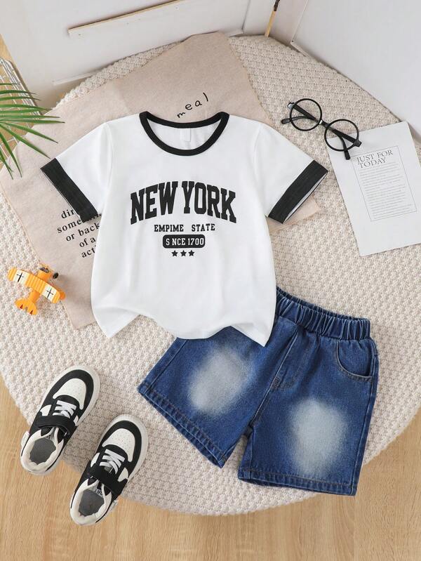 Set 2 buc. tricou cu mânecă scurtă și pantaloni scurți din denim pentru băieți mici, cu imprimeu de litere, guler rotund, ținută casual de vară pentru exterior