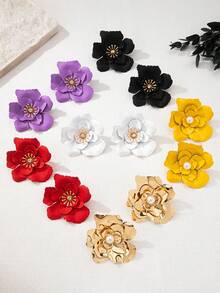 一对几何花朵吊坠优雅耳环，时尚欧美风格 - 紅色 - 查看 2