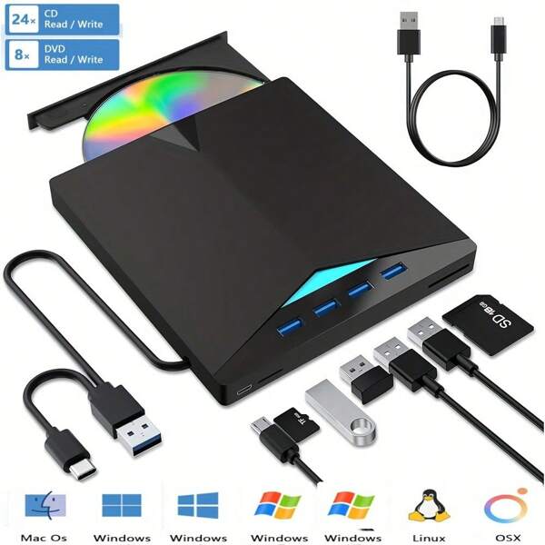 Unità CD/DVD esterna 7 in 1 con 4 porte USB A e slot per schede TF/SD, USB 3.0 e Type-C, lettore/masterizzatore portatile di CD/DVD per laptop, desktop, Windows 11/10/8/7, Linux OS
