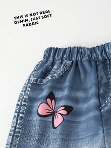Pantalones largos casuales con estampado de mariposas para niñas preadolescentes, cómodos para usar a diario, de viaje o al aire libre, para primavera/verano - Azul - Ver 3