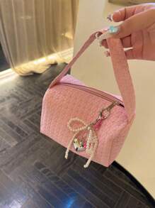 1pc Pink Floral Woven Pattern Handbag, Portable Cosmetic Organizer Pouch (No Pendant)