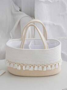 1pc Baby Diaper Storage Basket, Toy Organizer Basket With Tassel Handle, Handwoven Divided Portable Design