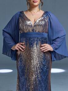 Mgialcy V-Neck Chiffon Long Sleeve Splice Placement Floral Sequined Sexy Fitted Mermaid Dress