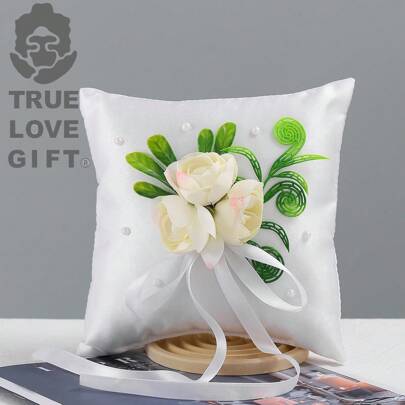Wedding Ring Pillow Artificial Flower Pearl Ring Bearer Holder For Wedding Ceremony Party Decor