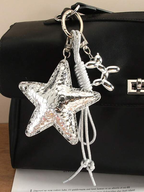 Silber Pentagramm Ballon Hund gewebtes Seil Herz Schnalle Tasche Anhänger, modische vielseitige Schlüsselanhänger Accessoire, geeignet für Frauen Alltagsausgänge und Shopping, Goth-Stil