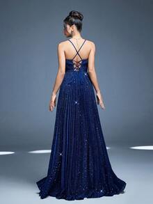 Elegant Women's Blue Sequin Maxi Dress With Spaghetti Straps And Pleated Hem Backless Lace Up Design