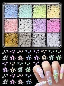 12pcs/Set Colorful Macaron-Shaped Nail Art Decorations, Resin Flower Petals Decor With Mixed Metallic Beads, Manicure Accessory Set