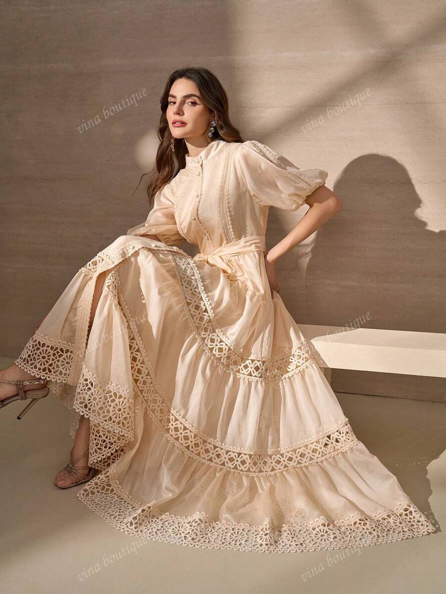 Elegant Flower Lace Splice Full Opening Button Decor Women A-Line Dress