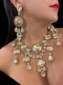 1 套奢华女士水晶泪珠吊坠项链和耳环，优雅适合派对和晚会佩戴 - 金色 - 查看 5