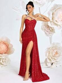 ADYCE Glitter One Shoulder Sequin Sweetheart Neckline High Waist Long Ribbon Split Back Tie Party Evening Dress Gown For Prom, Party, Evening, Graduation, Birthday, Date Night, Homecoming, Wedding Guest,New Year Dress