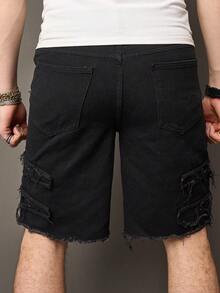 Men's Washed Blue Skinny Fit Stretch Cropped Jeans With Rips, Classic Blue Denim Casual Shorts For Men - Black - View 3