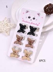 6pcs/Set Solid Color Casual Cute ABS Plastic Hair Clips, Butterfly, Flower, Heart, Square Design, Small Size Matte Black Bangs Claws, Princess Front & Side Bang Clips, Suitable For All Seasons Summer Hair Jaw Clip