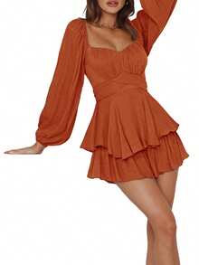 Women Puff Long Sleeve Romper Off Shoulder Ruffle Flowy Short Jumpsuit Layered Pirate Dress With Shorts Playsuit - Brown - View 3