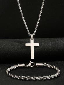 2 件套不锈钢扭曲金银色项链和手链套装，时尚男女通用礼物，适合父亲节、圣诞节、新年派对和日常佩戴