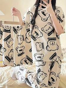 Conjunto de Pijama para Mujer con Estampado de Oso de Dibujos Animados - Cómodo con Manga Corta y Shorts, Lavable a Máquina - Albaricoque - Ver 3