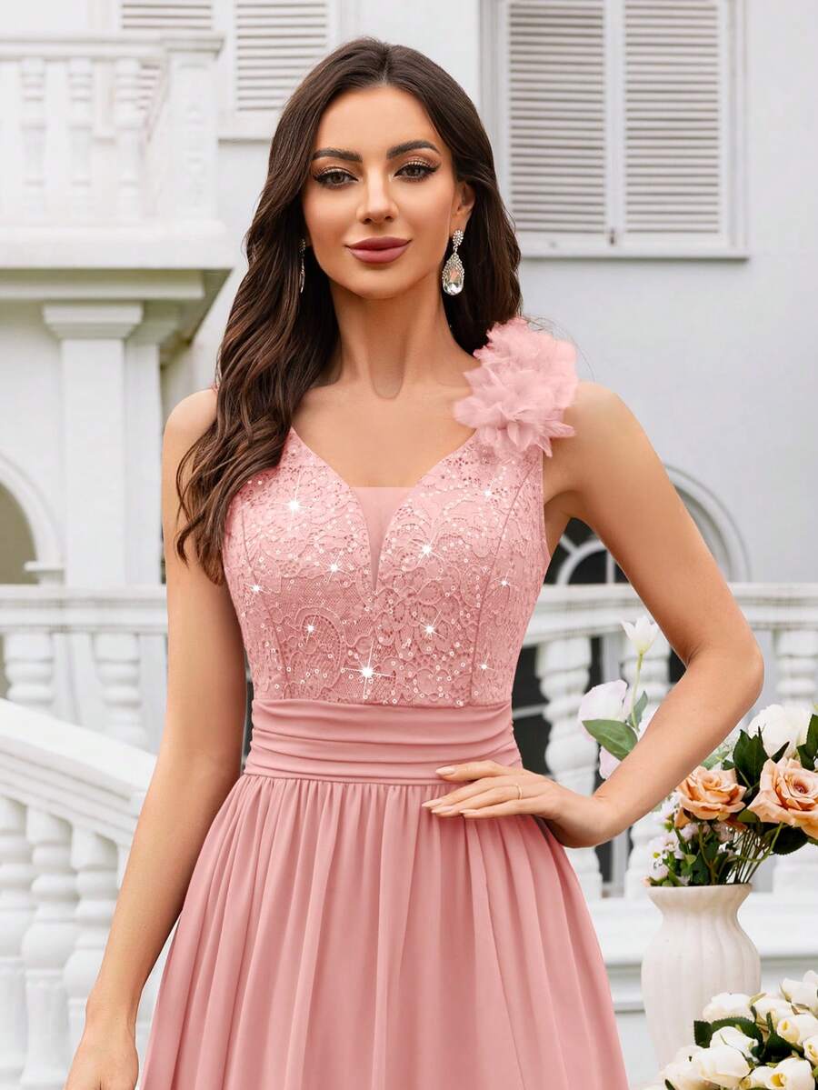 MIUSOL Vestido maxi formal de fiesta con cuello de corazón, sin mangas, con volantes de chifón y abertura, con encaje y lentejuelas, vestido de noche elegante de verano, adecuado para invitados de boda, ceremonia de graduación, cena de gala y otras ocasiones, color rosa