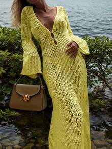 Crochet V-Neck Backless Ruched Waist Fitted Dress, Suitable For Vacation Wear; Women's Fashion, Elegant, Sexy, Minimalist Solid Color Casual Knit Maxi Cover Up Dress, Suitable For Beach Wear - Light Yellow - View 3