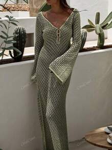 Spring-Summer Crocheted V-Neck Backless Ruched Waist Bodycon Dress For Holiday,Beach Vacation