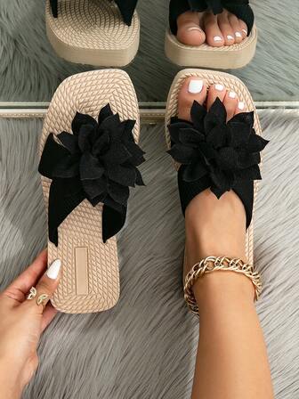 女士户外新款蝴蝶结时尚百搭舒适露趾绑带纯色厚底平底凉鞋，适合海滩、度假、休闲、防滑、居家穿着