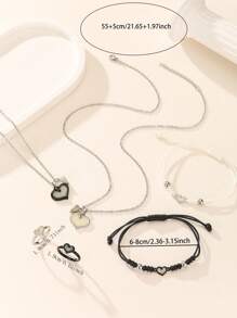 ATLVXJL 6pcs/Set Glow-In-The-Dark Heart Pendant Necklace, Bracelet, And Ring Set, Stainless Steel Magnetic Clasp Couple/Friendship Jewelry, Suitable For Everyday Wear And Valentine's Day Gift