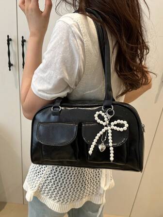 1pc Minimalist Retro Zipper Tote Bag, Decorated With Pockets, Dual Handles, Suitable For Women's Casual Commute, Streetwear And Japanese Style