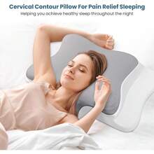 JINXIA Cervical Memory Foam Pillow For Neck Pain, Bed Sleeping Pillow For Shoulder Pain,Ergonomic Orthopedic Support Pillow For Side/Back/Stomach Sleepers With Removable Cover(Ice Silk Pillowcase) - Grey - View 2