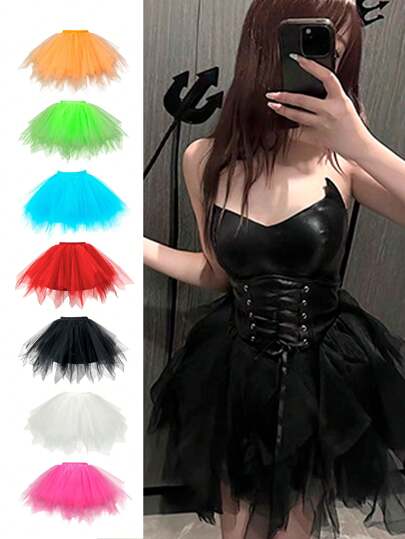 1pc Women Puffy Tutu Skirt, Asymmetrical Hem, Multi-Layer Net Gauze, Strapless, Suitable For Holidays, Stage, Banquet, Performance, Cosplay, Dance, Wedding Bride/Bridesmaid, Available In White, Black, Red, Lake Blue, Rose Red, Orange, Neon Green