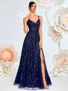 ADYCE 亮片刺绣细肩带 V 领透明高腰薄纱露背系带连衣裙，适合派对、舞会、晚会 - 藏蓝色 - 查看 8