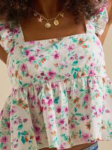 Women's Summer Floral Print Tank Tops Ruffle Cap Sleeve Bow Tie Backless Crop Top Square Neck Ruffle Hem Blouse Tops - Multicolor - View 2
