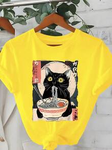 Ladies Cat Eating Noodles Print Short Sleeve Round Neck T-Shirt - Yellow - View 3