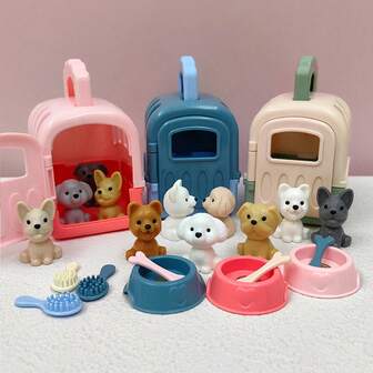 Juego de 8 piezas de accesorios para mascotas y juguetes de casa de muñecas para niños, incluye set de juego con mini jaula de perro de color aleatorio, regalos de fiesta para Acción de Gracias, Pascua, Navidad