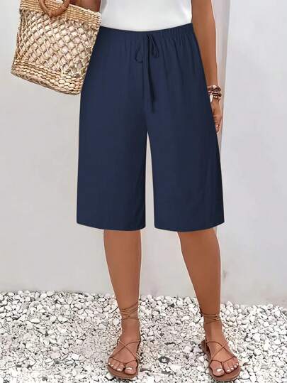 Women's Summer Solid Color Tie-Waist Straight Leg Shorts