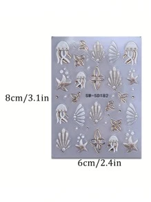2 Pieces Of Summer Hot Stamping Jellyfish Shell Relief Nail Art Stickers - Summer Ocean Fresh And Simple Hot Stamping White Jellyfish, Shell, Starfish And Small Flower Art Design, 5D Relief Technology, Suitable For Women's Disposable Self-Adhesive Back Adhesive Nail Art Stickers, Summer Ocean Simple Theme Style, Easy To Stick Nail Decoration Stickers