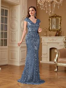 hezixi Elegant Sequin Sexy Evening Dress For Women Long Mermaid Formal Prom Luxury Wedding Party Cocktail Gowns Women's Dresses - 霧霾藍 - 查看 8