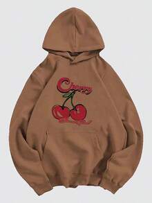 Sudadera estampada con capucha para mujer,Jersey informal suelto con estampado de cerezas - Marrón - Ver 4