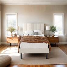 Estructura de cama de tamaño individual/individual XL con cabecero, cama de plataforma tapizada moderna con soporte de listones de madera, sin ruido, no requiere caja de resortes, beige - Beis - Ver 2