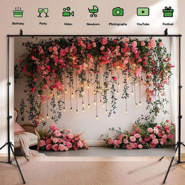 1pc, Vinyl Pink Roses Garland Backdrop With Hanging Fairy Lights - Elegant Artificial Floral Decor For Weddings, Birthdays, Anniversaries, Photo Booths, Indoor/Outdoor Party Decoration, Reusable 2D Banner All Seasons, 8x6ft/7x5ft/5x3ft