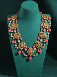 Conjunto de joyería nupcial con enchapado en bronce vintage, accesorios de compromiso, borlas multicapa, collar de piedra natural rosa dulce hecho a mano con cuentas y perlas falsas, aretes y anillo
