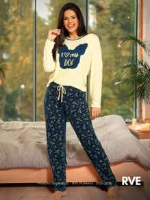 Pijama Feminino Inverno Longo  Cordão falso  Fofo  elegante  Luxuoso  Mulher casual  Young casual  Tecido de malha  Manga Comprida I Love My Dog Fofinho