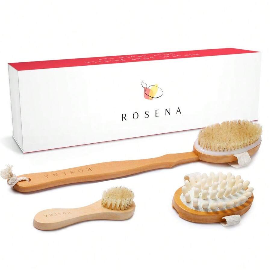 Dry Brushing Body Brush Set – Natural Bristle Spa Exfoliator Kit With Face Cleansing Brush, Long Dry Brushing Body Brush For Lymphatic Drainage & Massaging Cellulite Brush For Smooth, Radiant Skin - 1 - View 1