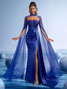GIFORU Royal Blue Embellished Prom Dress With Sheer Sleeves & Thigh-High Slit, Elegant Satin Evening Gown For Women, Sparkly Formal Party Dress With Train, 2025 Homecoming Dress For Galas/Weddings/Ball, Wedding Guest Dress - Royal Blue - View 6